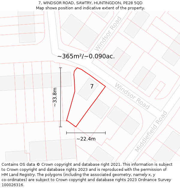 7, WINDSOR ROAD, SAWTRY, HUNTINGDON, PE28 5QD: Plot and title map