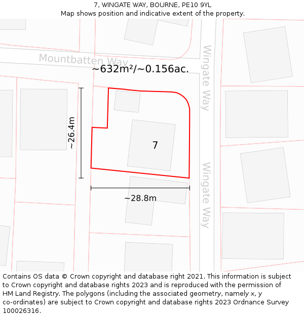7, WINGATE WAY, BOURNE, PE10 9YL: Plot and title map