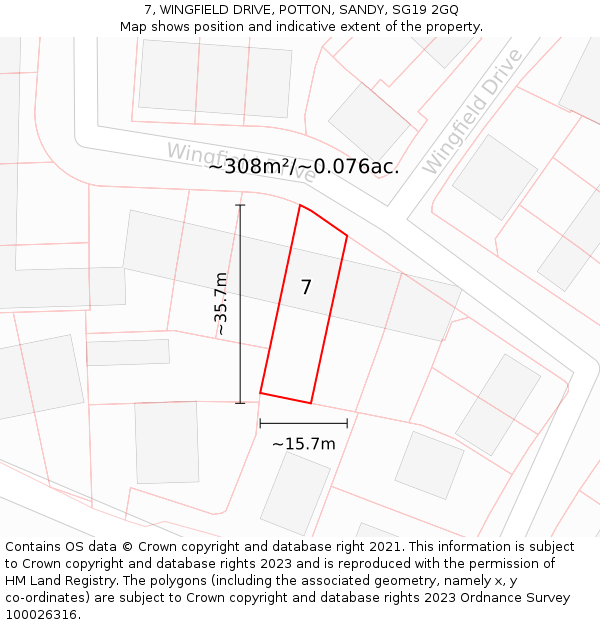 7, WINGFIELD DRIVE, POTTON, SANDY, SG19 2GQ: Plot and title map