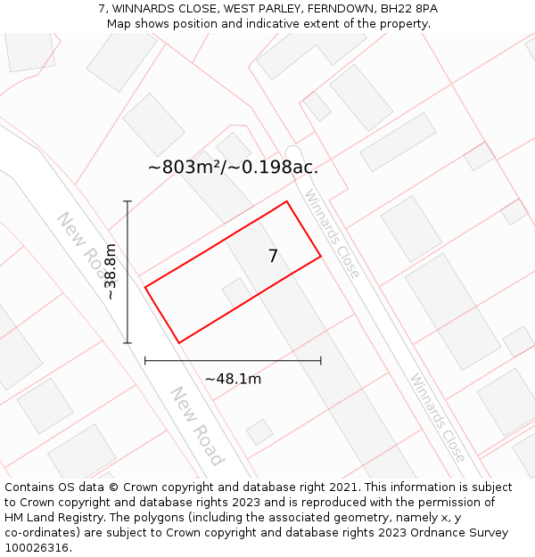 7, WINNARDS CLOSE, WEST PARLEY, FERNDOWN, BH22 8PA: Plot and title map