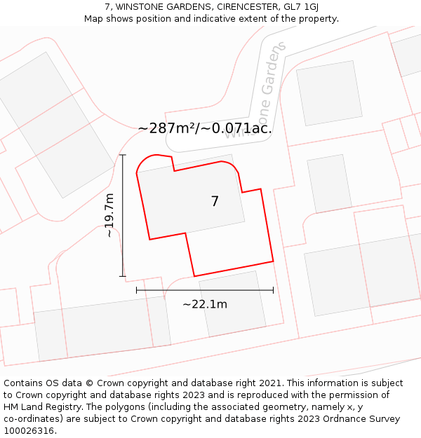 7, WINSTONE GARDENS, CIRENCESTER, GL7 1GJ: Plot and title map