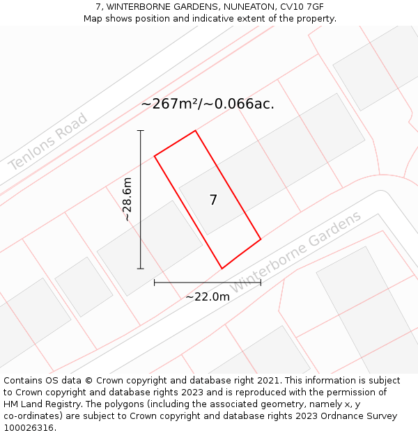 7, WINTERBORNE GARDENS, NUNEATON, CV10 7GF: Plot and title map