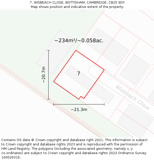 7, WISBEACH CLOSE, BOTTISHAM, CAMBRIDGE, CB25 9DY: Plot and title map