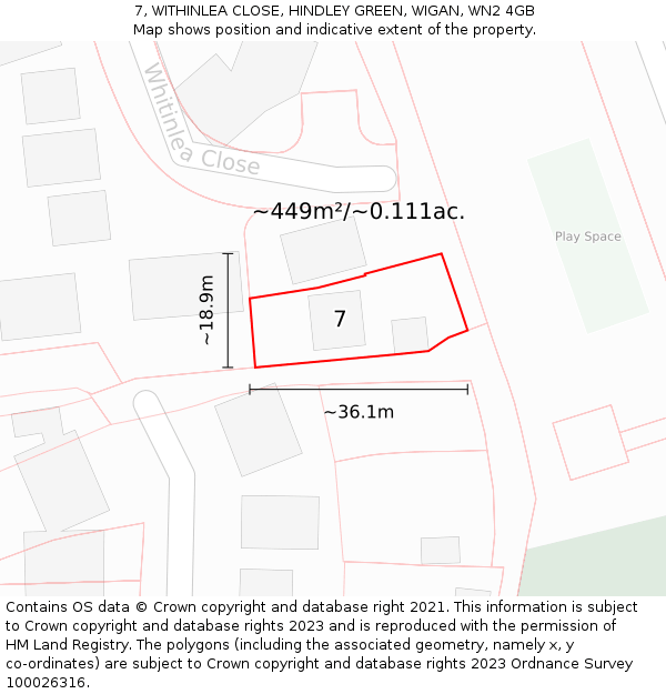 7, WITHINLEA CLOSE, HINDLEY GREEN, WIGAN, WN2 4GB: Plot and title map
