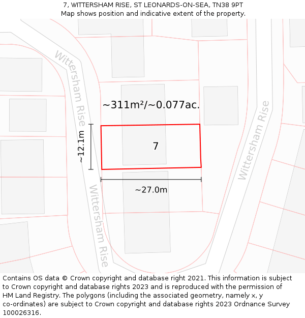7, WITTERSHAM RISE, ST LEONARDS-ON-SEA, TN38 9PT: Plot and title map