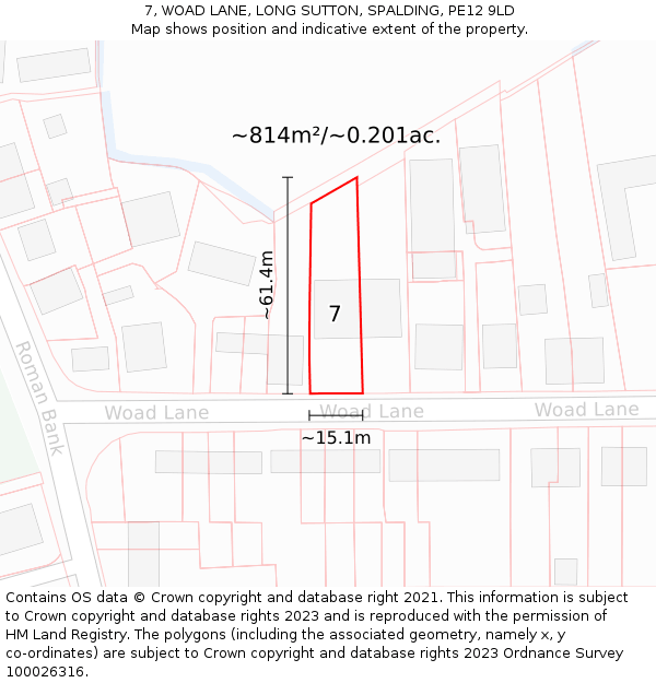 7, WOAD LANE, LONG SUTTON, SPALDING, PE12 9LD: Plot and title map