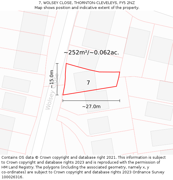 7, WOLSEY CLOSE, THORNTON-CLEVELEYS, FY5 2NZ: Plot and title map