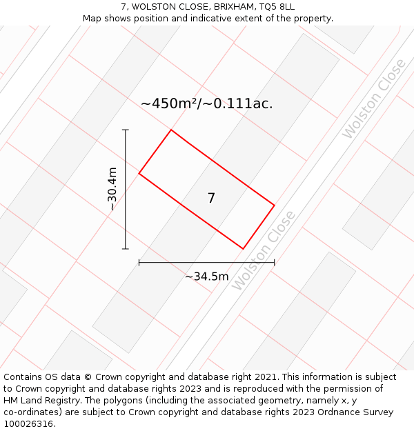 7, WOLSTON CLOSE, BRIXHAM, TQ5 8LL: Plot and title map
