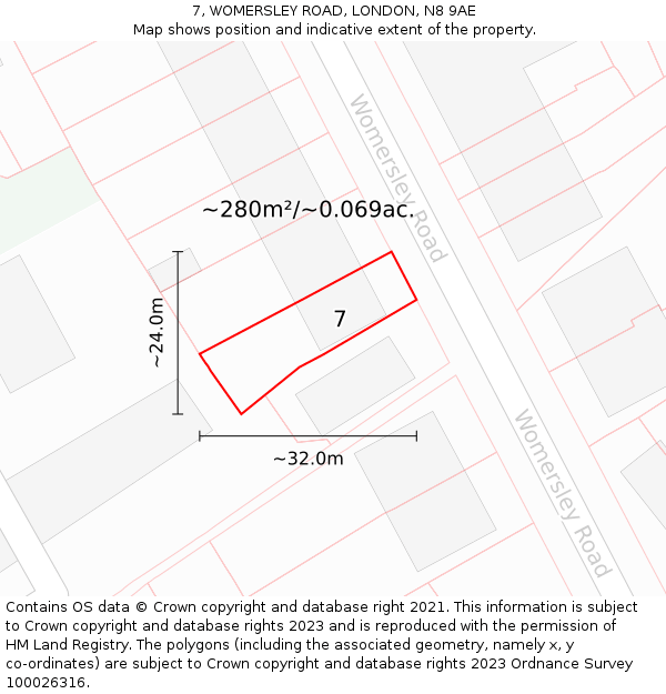 7, WOMERSLEY ROAD, LONDON, N8 9AE: Plot and title map