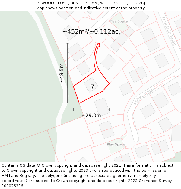 7, WOOD CLOSE, RENDLESHAM, WOODBRIDGE, IP12 2UJ: Plot and title map