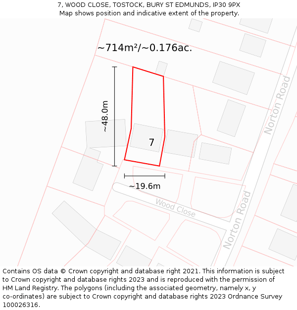 7, WOOD CLOSE, TOSTOCK, BURY ST EDMUNDS, IP30 9PX: Plot and title map