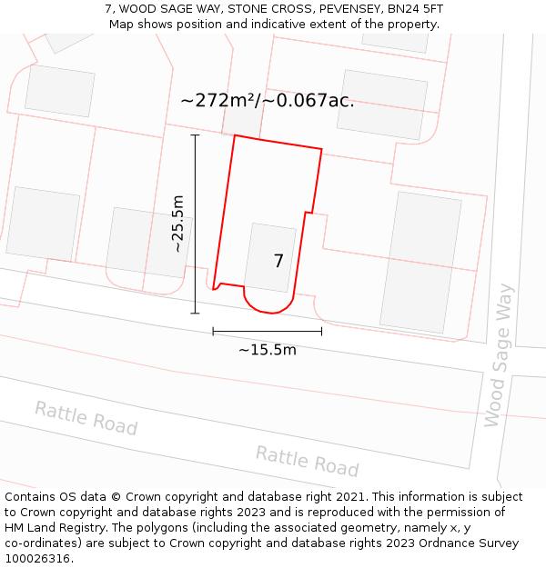 7, WOOD SAGE WAY, STONE CROSS, PEVENSEY, BN24 5FT: Plot and title map