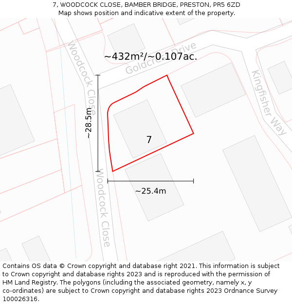 7, WOODCOCK CLOSE, BAMBER BRIDGE, PRESTON, PR5 6ZD: Plot and title map