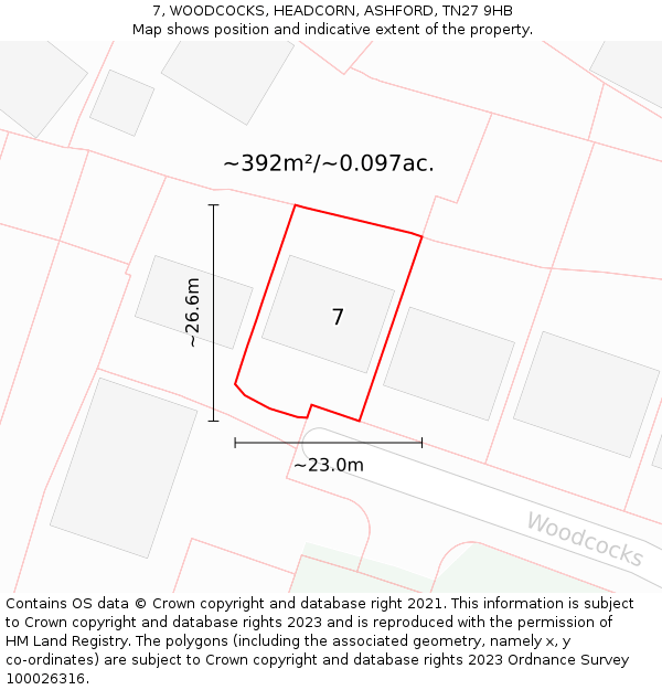 7, WOODCOCKS, HEADCORN, ASHFORD, TN27 9HB: Plot and title map