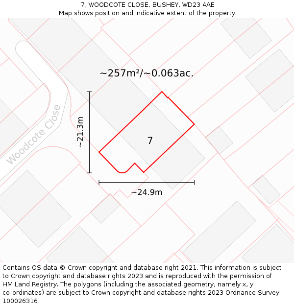 7, WOODCOTE CLOSE, BUSHEY, WD23 4AE: Plot and title map