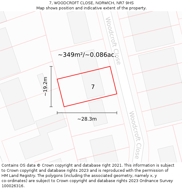 7, WOODCROFT CLOSE, NORWICH, NR7 9HS: Plot and title map