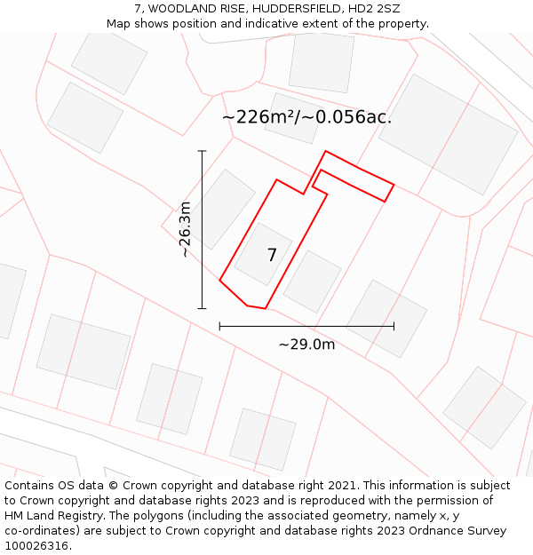 7, WOODLAND RISE, HUDDERSFIELD, HD2 2SZ: Plot and title map