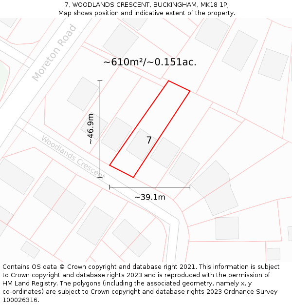 7, WOODLANDS CRESCENT, BUCKINGHAM, MK18 1PJ: Plot and title map