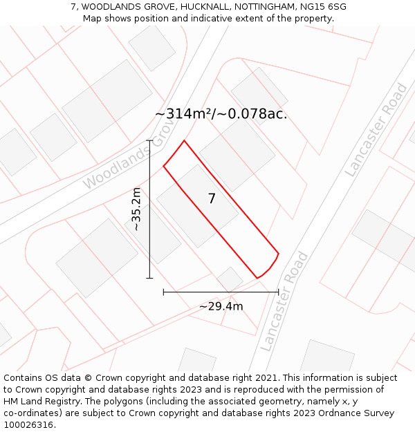 7, WOODLANDS GROVE, HUCKNALL, NOTTINGHAM, NG15 6SG: Plot and title map