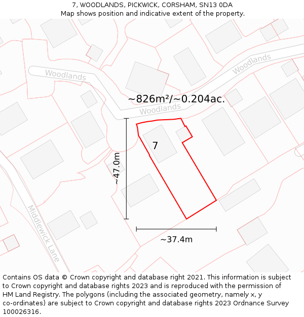 7, WOODLANDS, PICKWICK, CORSHAM, SN13 0DA: Plot and title map