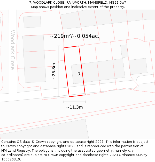 7, WOODLARK CLOSE, RAINWORTH, MANSFIELD, NG21 0WP: Plot and title map