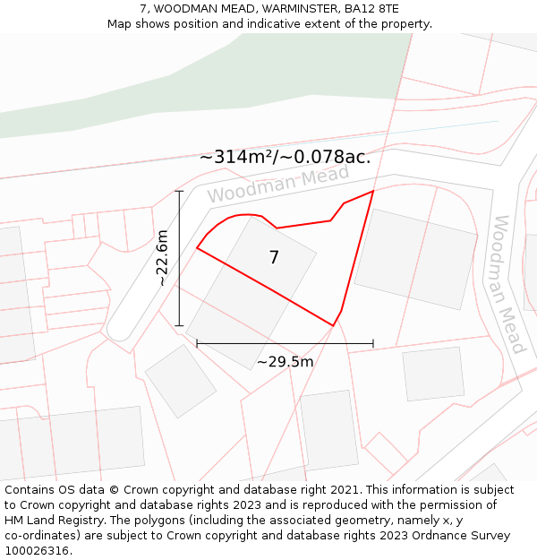 7, WOODMAN MEAD, WARMINSTER, BA12 8TE: Plot and title map