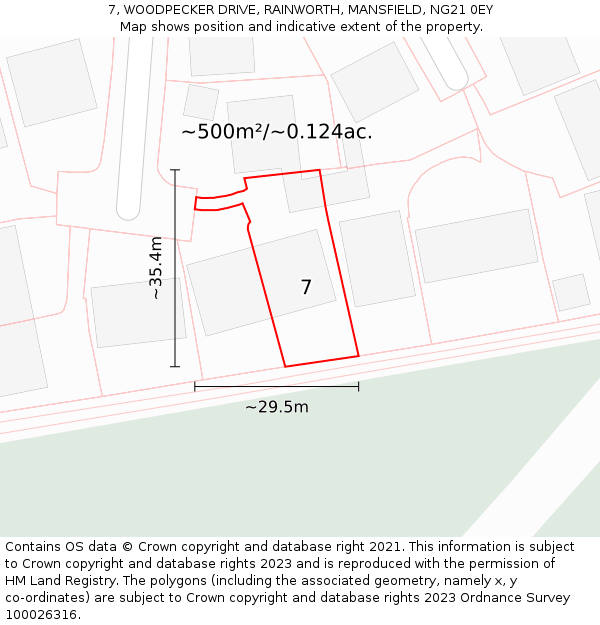 7, WOODPECKER DRIVE, RAINWORTH, MANSFIELD, NG21 0EY: Plot and title map