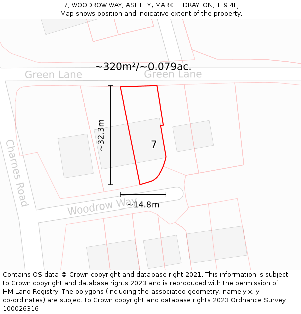 7, WOODROW WAY, ASHLEY, MARKET DRAYTON, TF9 4LJ: Plot and title map