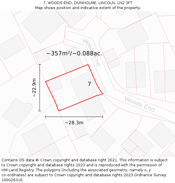 7, WOODS END, DUNHOLME, LINCOLN, LN2 3FT: Plot and title map