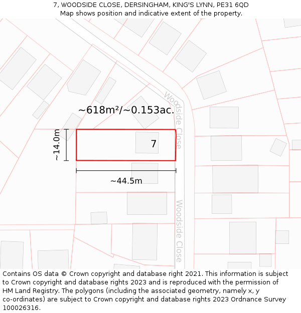 7, WOODSIDE CLOSE, DERSINGHAM, KING'S LYNN, PE31 6QD: Plot and title map