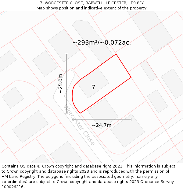7, WORCESTER CLOSE, BARWELL, LEICESTER, LE9 8FY: Plot and title map