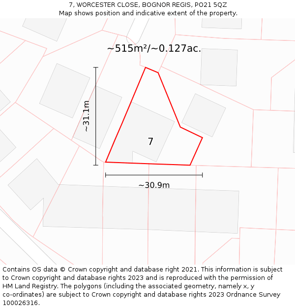 7, WORCESTER CLOSE, BOGNOR REGIS, PO21 5QZ: Plot and title map
