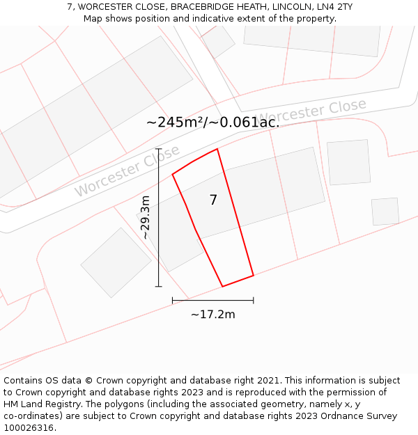 7, WORCESTER CLOSE, BRACEBRIDGE HEATH, LINCOLN, LN4 2TY: Plot and title map
