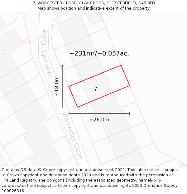 7, WORCESTER CLOSE, CLAY CROSS, CHESTERFIELD, S45 9FB: Plot and title map