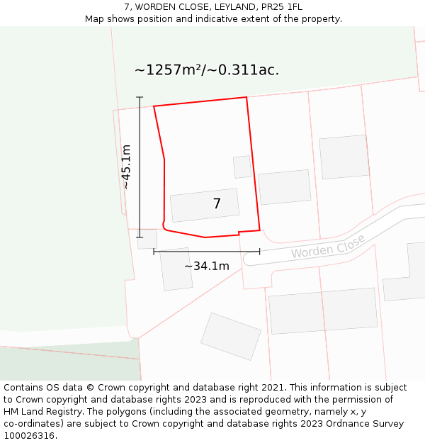 7, WORDEN CLOSE, LEYLAND, PR25 1FL: Plot and title map
