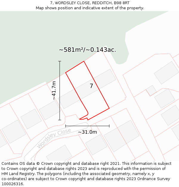 7, WORDSLEY CLOSE, REDDITCH, B98 8RT: Plot and title map