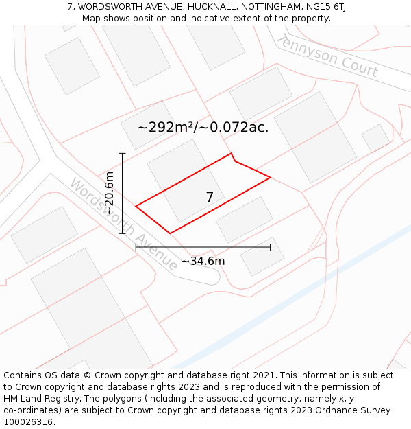 7, WORDSWORTH AVENUE, HUCKNALL, NOTTINGHAM, NG15 6TJ: Plot and title map