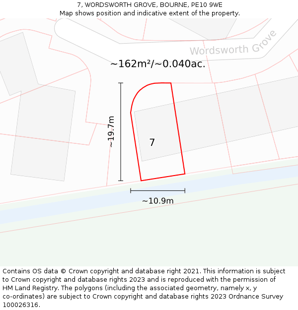 7, WORDSWORTH GROVE, BOURNE, PE10 9WE: Plot and title map
