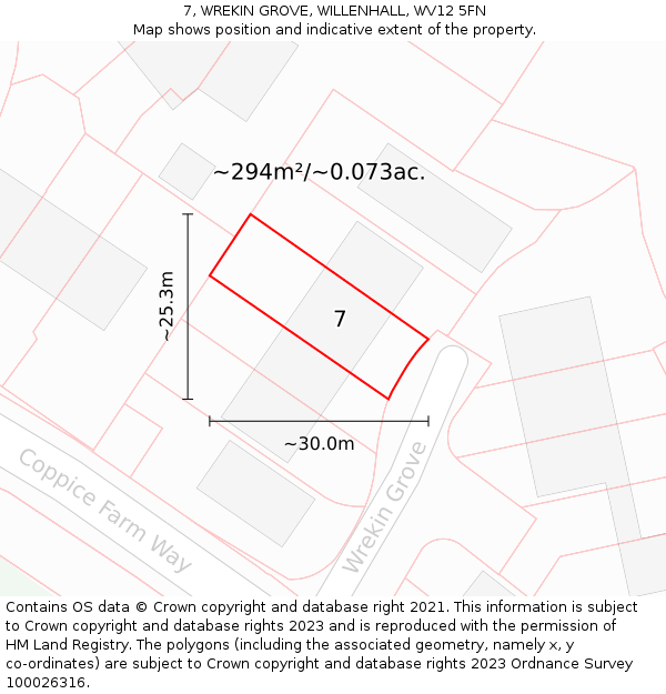 7, WREKIN GROVE, WILLENHALL, WV12 5FN: Plot and title map