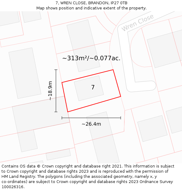 7, WREN CLOSE, BRANDON, IP27 0TB: Plot and title map