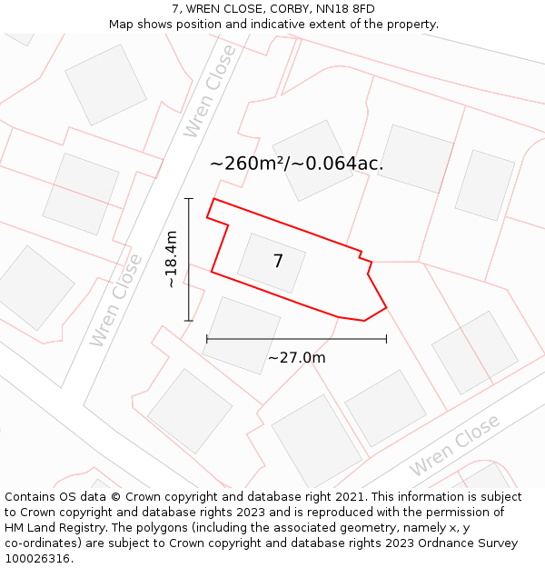 7, WREN CLOSE, CORBY, NN18 8FD: Plot and title map