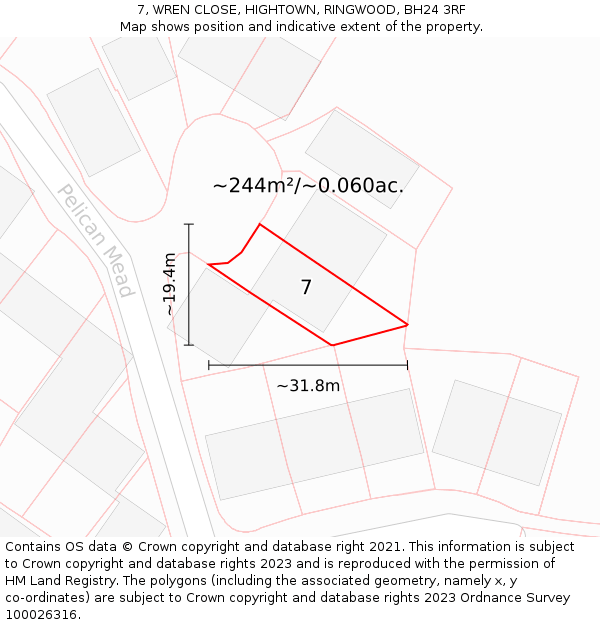 7, WREN CLOSE, HIGHTOWN, RINGWOOD, BH24 3RF: Plot and title map