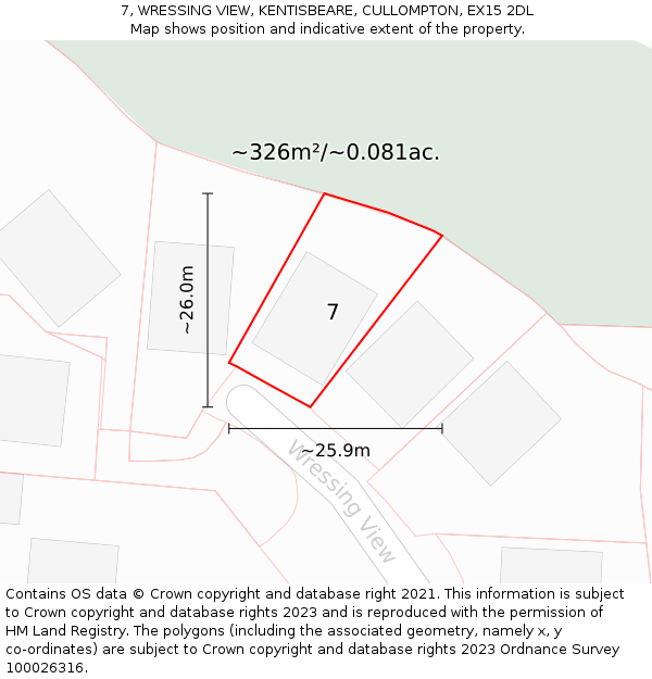 7, WRESSING VIEW, KENTISBEARE, CULLOMPTON, EX15 2DL: Plot and title map