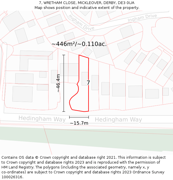 7, WRETHAM CLOSE, MICKLEOVER, DERBY, DE3 0UA: Plot and title map