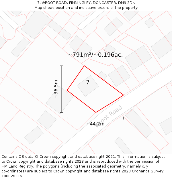 7, WROOT ROAD, FINNINGLEY, DONCASTER, DN9 3DN: Plot and title map