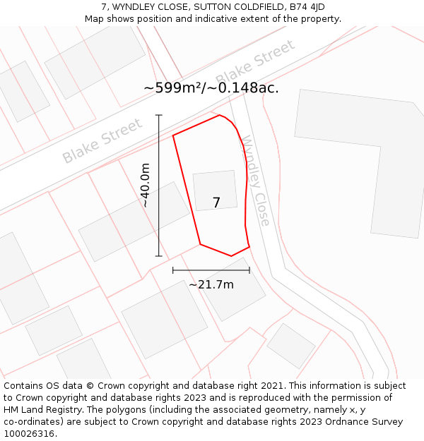 7, WYNDLEY CLOSE, SUTTON COLDFIELD, B74 4JD: Plot and title map