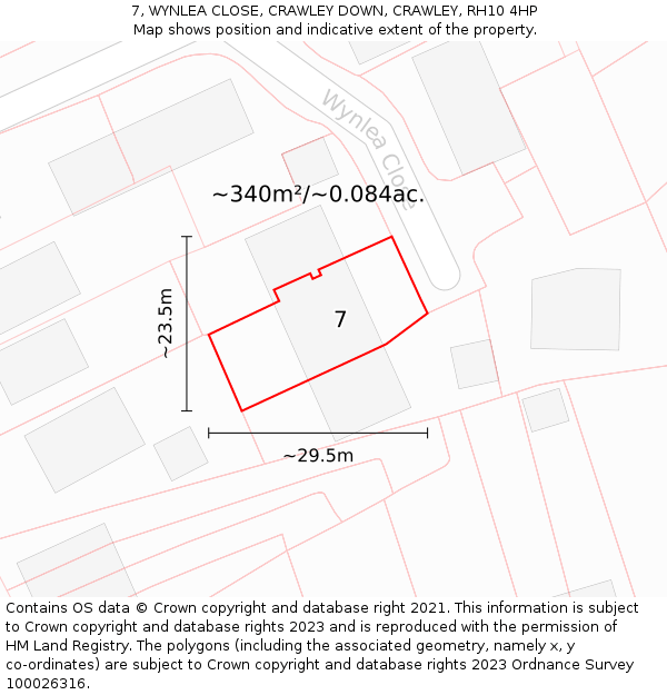 7, WYNLEA CLOSE, CRAWLEY DOWN, CRAWLEY, RH10 4HP: Plot and title map