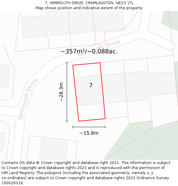 7, YARMOUTH DRIVE, CRAMLINGTON, NE23 1TL: Plot and title map
