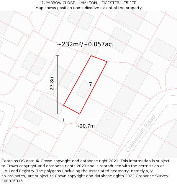 7, YARROW CLOSE, HAMILTON, LEICESTER, LE5 1TB: Plot and title map