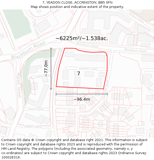 7, YEADON CLOSE, ACCRINGTON, BB5 0FN: Plot and title map